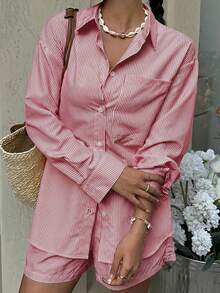 SHEIN EZwear 红白条纹梭织女式长袖衬衫和短裤两件套 - 紅白色 - 查看 3
