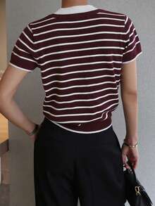 DAZY Women's Collared Striped Short Sleeve Sweater Summer Business Casual Woman - Red - View 4