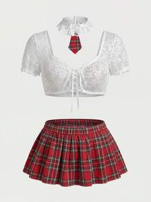 Fantasy Costume Conjunto de lencería sexy de encaje para mujer (sujetador sin alambre, tanga, falda, collarín) 4 piezas - Rojo y blanco - Ver 4