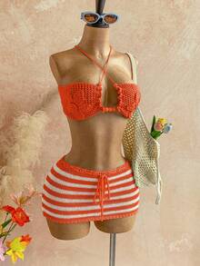 Soleia Women's Vacation Beach Golf Backless Halter Knit Top And White Mini Knit Skirt 2 Pieces Set Summer Sexy - Orange - View 6