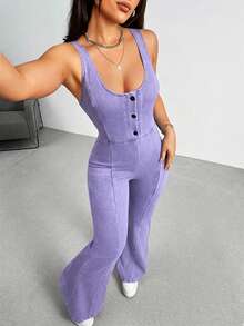 Flexra Women's Button Design Casual V-Neck Flare Leg Denim Jumpsuit - Baby Blue - View 4