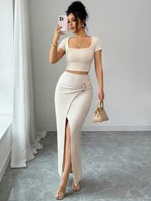 Airaco 女士褶裥收腰开衩裙，金属开衩优雅性感针织裙，适合度假、海滩、通勤，收腰性感优雅长裙 - 杏色 - 查看 2