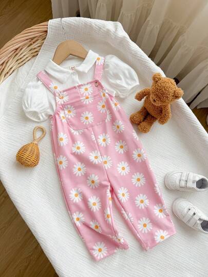 Newborn Baby Girl Cute Versatile Pink Floral Pattern Bib Overalls, Autumn/Winter