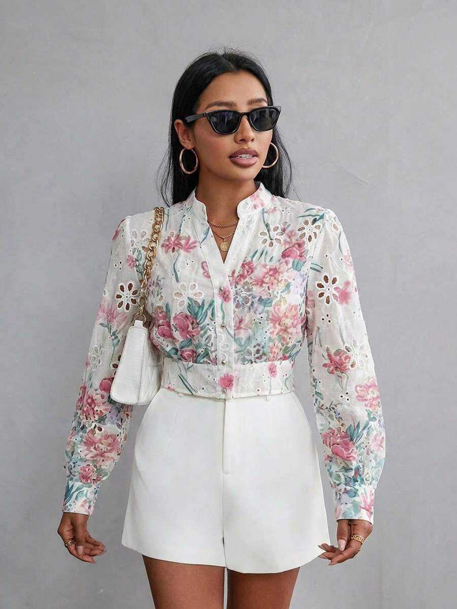 EMERY ROSE Random Printed Long Sleeve Blouse Button Up Shirt Women  - Multicolor - View 1