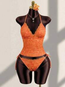 Bellisia Conjunto de bikini de verano casual de playa para mujer, con estampado de conchas y caracolas naranjas, traje de baño de dos piezas con tirantes finos y encaje - Multicolor - Ver 4