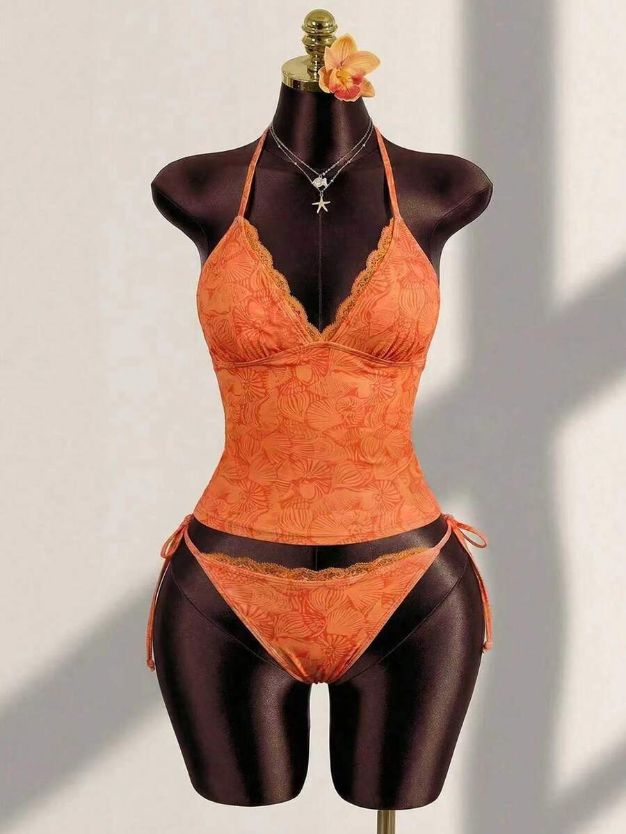 Bellisia 女士夏季度假休闲沙滩装，橙色贝壳和海螺印花比基尼套装，细肩带蕾丝边两件式泳衣 - 彩色 - 查看 1