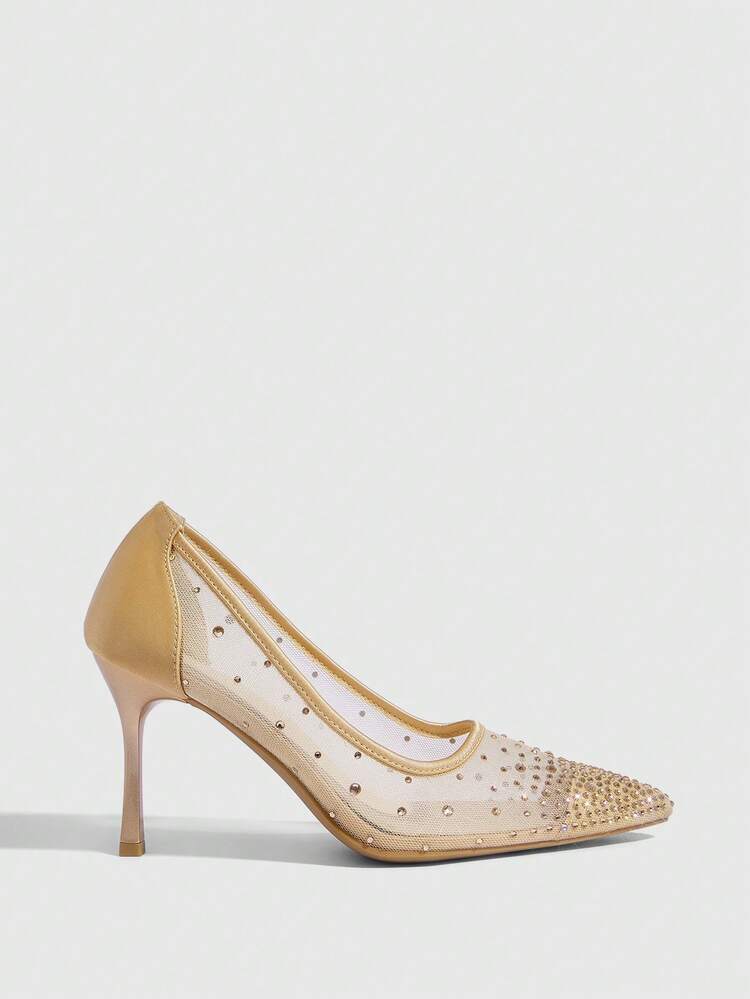 CUCCOO SZL Women's Fashion Pointed Crystal/Rhinestone Gold Powder Mesh Stitching Party Dinner Stiletto High Heels Shoes