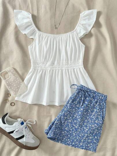 SHEIN 少女春夏街头风百搭日常纯色提花宽松喇叭袖上衣搭配条纹A字裙