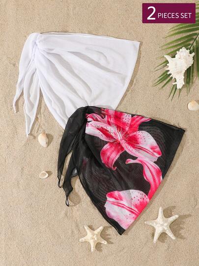 Conjunto de 2 piezas de traje de baño y cubrecuerpo para niñas, en negro y blanco, con falda y chal, para vacaciones en la playa, casual para primavera/verano