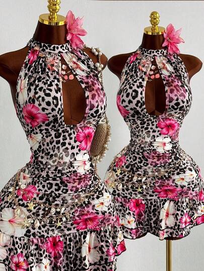 Sunspun Plus Size Leopard Print Floral Ruffle Hem Halter Neck Bodycon Dress
