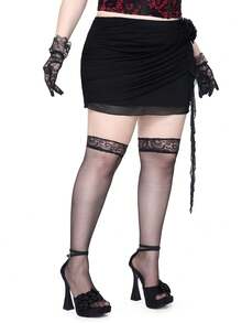 ROMWE Goth Autumn Outfits Elegant Plus Size Women Pleated 3D Floral Ruffle Hem Fitted Skirt Gym Brown - Black - View 5