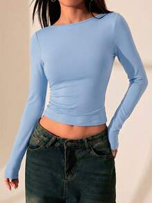 SHEIN PETITE Top T-shirt dos nu avec couture en dentelle pour femmes. Tenue sexy pour rendez-vous, convient pour l'été. ,Femmes de petite taille - Bleu gris - Voir 5