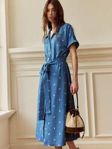 Écloséra Robe élégante pour femme, robe style français, robe de ville, robe à ceinture nouée, robe en faux denim, robe à broderies fantaisie, robe confectionnée avec soin, robe blocs de couleurs, robe cintrée à la taille, robe trapèze, robe printemps/été, robe début d'automne - Bleu azur - Voir 3