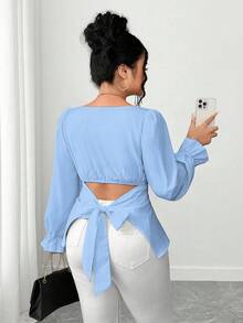 Elenzga Camisa elegante y casual de unicolor con mangas abullonadas y lazo en la espalda para mujer de talla grande, conjunto de verano - Celeste - Ver 2