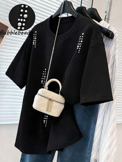 Franclia New Arrivals: Stylish Summer T-Shirts & Tops | Elegant Beaded Summer Blouses | New Casual White T-Shirt For Women-Slim-Fit Yet Relaxed, Adorned With Pearl Embellishments | Versatile Women's Tops For Spring, Summer, Autumn, And Winter | Elegant Women's Blouses For Outings | Casual Women's T-Shirts | Women's Black T-Shirts & Tops
