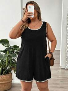 EMERY ROSE Plus Size Women's Summer Vacation Style Contrast Color Shell Flower Crafted Round Neck Casual Jumpsuit With Pockets, Suitable For Travel, Vacation, Summer And Daily Wear - Black - View 6