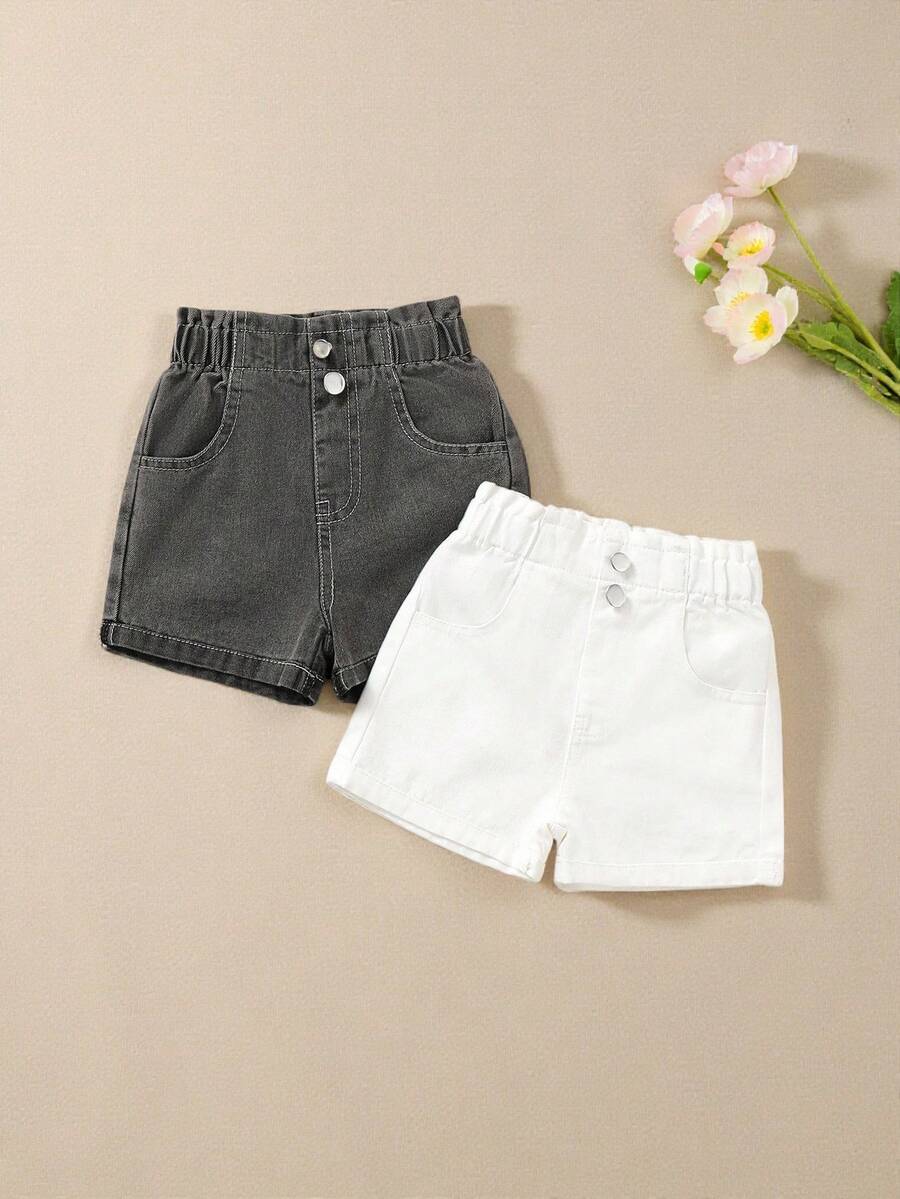 SHEIN 2件套女婴休闲可爱蓝色水洗牛仔短裤套装 - 白色 - 查看 1