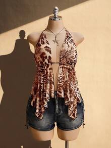SHEIN ICON Women's Plus Size Retro Y2K Halter Neck Tie Top,Leopard & Snake Print Metal Chain Decoration Irregular Hem,Beige Summer Beach Vacation Holiday - Multicolor - View 3