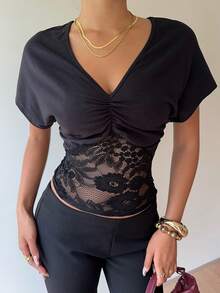 Siren Gaze Women's Elegent Black V-Neck Sheer Lace Panel Ruched Cotton Top,Chic Night Out Party Blouse,Short Batwing Sleeve Summmer Casual Shirt T-Shirt - Black - View 9
