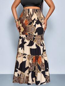 SOLERSUN Váy cỡ lớn mùa xuân hè mới, chất liệu co giãn cao, xếp ly, viền bèo nhún, in hoa, thích hợp đi làm, đi ăn tối và dự tiệc cocktail, thời trang nữ. - màu nâu - Xem 4