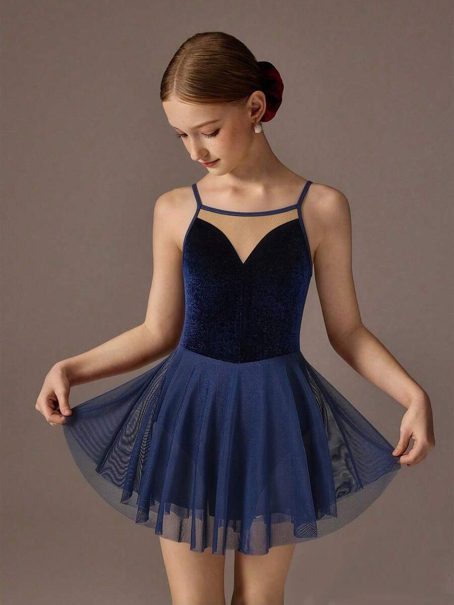 Abito da ballo attivo per ragazze pre-adolescenti, gonna lunga con scollo ad aletta di colore rosso, spalline regolabili, pannelli in tessuto di maglia elastica e velluto, elegante e nobile, adatto per esibizioni teatrali, altamente elastico, traspirante e delicato sulla pelle.