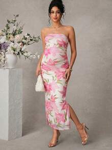 SHEIN Đầm bầu maxi in họa tiết có xẻ tà, thanh lịch - Hồng - Xem 3