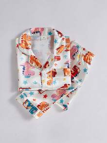 Bộ đồ ngủ 2 món cho bé trai, gồm áo khoác ngắn tay và quần in hình khủng long dễ thương, kiểu dáng thường ngày. - Màu be - Xem 5