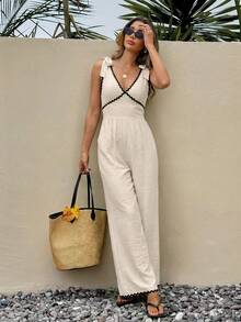 SHEIN Frenchy Women's Black And White Striped Contrast Color Trim Linen Sleeveless Jumpsuit,Summer Casual Wide-Leg Pants For Holiday,Vacation Resort Wear,Boho - Apricot - View 5