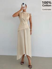 Siren Gaze Women's Elegant 100 Cotton Stand-Up Collar Midi Dress Sleeveless Ruching Asymmetrical Hem Autumn Holiday Gown Beige Tea Party Brunch Casual - Apricot - View 6