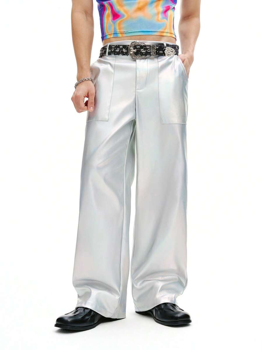 DSELFIQUE Manfinity Streetrush 男士银色 Niche Design 激光闪亮宽松直筒裤，Y2k 反光原宿 Rave Disco 全息裤，秋季 - 銀色 - 查看 1
