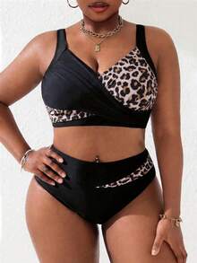 Slaydiva Plus Size Women 2pcs Black & Pink Splice Ruched Tankini Swimsuit Set, Summer Beach Holiday - Multicolor - View 3