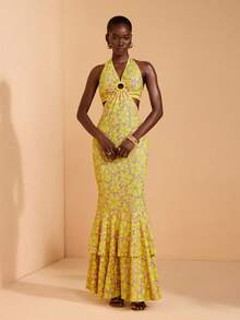 JIAN LASALA 优雅印花荷叶边美人鱼连衣裙，露背无袖热带风情镂空设计 - 黃色 - 查看 3