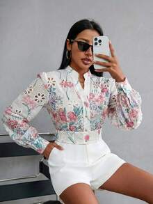 EMERY ROSE Random Printed Long Sleeve Blouse Button Up Shirt Women  - Multicolor - View 6