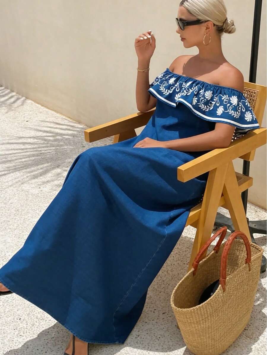 SHEIN Holidaya 女士碎花单肩荷叶边下摆长裙 - 藍色 - 查看 1