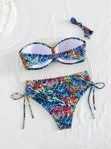 Swim Lushoire Sexy Leopard Print Spaghetti Strap Ruched Bikini Set, Summer Vacation - Multicolor - View 5