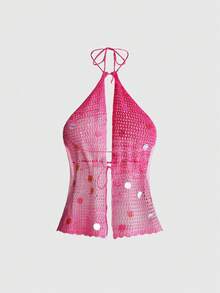 ROMWE Avant Blus Rajut Sequin Gradien Seksi Wanita Model Halter, Cocok untuk Pantai & Liburan - Berwarna merah muda - View 4