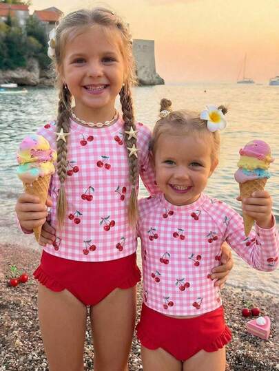 SHEIN Young Girl Long Sleeve Swimwear, Cute Cherry Plaid Knit Fabric Long Sleeve Swimwear, Fashionable Casual Elegant Design, Suitable For Swimming, Summer Vacation, Beach, Pool, Holiday Party. Long Sleeve Swimwear Set, Girls Swimwear Two Pieces, Girls Rash Guard Swimwear, Cherry Plaid Swimwear