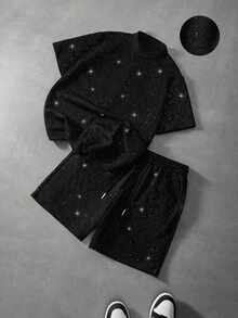 Manfinity Roghcode 男士黑色衬衫短裤套装，星空图案，纹理针织面料，休闲衬衫短裤套装，适合日常穿着和通勤。 - 黑色 - 查看 3