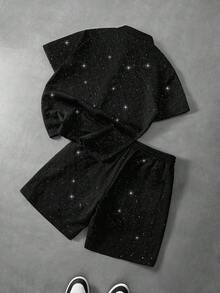 Manfinity Roghcode 男士黑色衬衫短裤套装，星空图案，纹理针织面料，休闲衬衫短裤套装，适合日常穿着和通勤。 - 黑色 - 查看 2