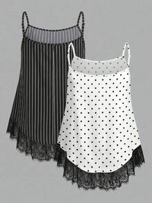 SHEIN EZwear 大码女装两件套，黑白条纹，黑白波点撞色蕾丝吊带背心套装，蕾丝吊带背心，优雅上衣，吊带背心，女士无袖上衣，大码吊带背心，女士细肩带上衣，女士吊带背心，夏季女装上衣 - 黑與白 - 查看 2