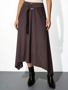 Maija Plus Size Elegant Solid Color Belt Metal Decor Asymmetrical Hem Skirt Skirt   Coords Skirt And Top Casual For Vintage Women Old Money Teacher For Women Romantic, Fashion, Versatile Summer Women Party Top Beach Holiday Vacation Going Out Graduation Elegant Women's Blouses Casual Blouses Formal Attire Work Office For Women Drape Skirt Asymmetrical Skirt For Women - Brown - View 1