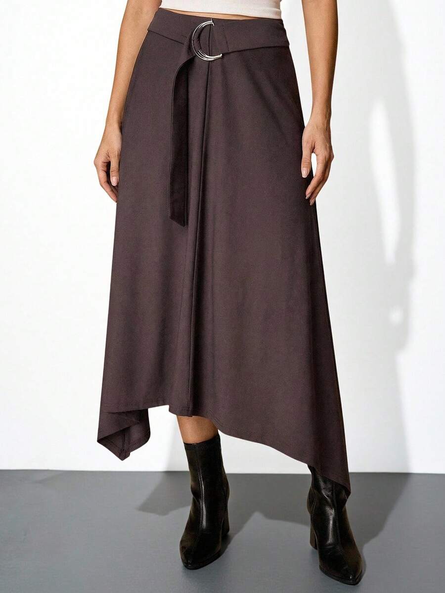 Maija Plus Size Elegant Solid Color Belt Metal Decor Asymmetrical Hem Skirt Skirt   Coords Skirt And Top Casual For Vintage Women Old Money Teacher For Women Romantic, Fashion, Versatile Summer Women Party Top Beach Holiday Vacation Going Out Graduation Elegant Women's Blouses Casual Blouses Formal Attire Work Office For Women Drape Skirt Asymmetrical Skirt For Women - Brown - View 1