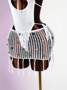 Lyxana Conjunto de dos piezas con top de tirantes sin espalda y falda con decoración de lentejuelas, atuendo casual de vacaciones - Blanco - Ver 4