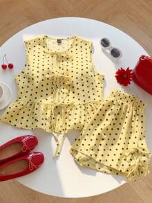 Conjunto de 2 piezas para mujer con cuello redondo, sin mangas, lunares y lazo en color marrón - amarillo ganso - Ver 4