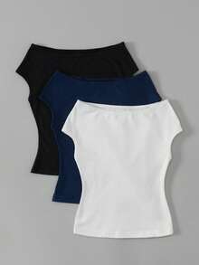 3pcs Girls Vacation Tight Off-Shoulder Multicolor T-Shirts - Royal Blue - View 3