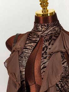 Amplova Women's Leopard Print Ruffle Hem Sexy Halter Midi Dress - Brown - View 5