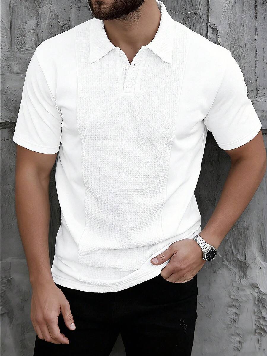 Manfinity CasualCool Kemeja Polo Pria Lengan Pendek Warna Polos Kasual untuk Perjalanan Sehari-hari, Formal - Putih - View 1