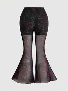 ROMWE Gothic Style Velvet Rose Print Plus Size Women Pants - Black - View 2