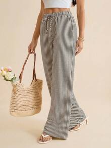SHEIN Tall Quần ống rộng nữ kẻ sọc, cạp chun, kiểu dáng thường ngày, đa năng. - màu đen - Xem 6