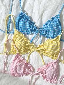 Swim Shayni Bộ bikini 6 món mùa hè dành cho nữ, họa tiết kẻ caro, xếp ly, buộc dây cổ, kèm quần lót tam giác. - Nhiều màu - Xem 4